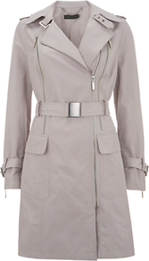 Double Zip Trench Coat - pattern: plain; collar: asymmetric biker; style: trench coat; length: mid thigh; predominant colour: light grey; occasions: casual, evening, work; fit: tailored/fitted; fibres: polyester/polyamide - 100%; waist detail: belted waist/tie at waist/drawstring; sleeve length: long sleeve; sleeve style: standard; texture group: cotton feel fabrics; collar break: medium; pattern type: fabric; pattern size: standard