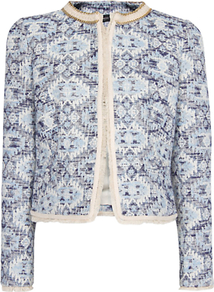 Ethnic Fabric Chain Jacket - collar: round collar/collarless; style: boxy; predominant colour: pale blue; secondary colour: navy; occasions: casual, evening, occasion; length: standard; fit: straight cut (boxy); fibres: cotton - mix; sleeve length: long sleeve; sleeve style: standard; collar break: high; pattern type: fabric; pattern size: standard; pattern: patterned/print; texture group: woven light midweight; embellishment: chain/metal