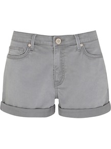 Denim Shorts - pattern: plain; style: shorts; pocket detail: traditional 5 pocket; length: short shorts; waist: mid/regular rise; predominant colour: mid grey; occasions: casual, holiday; fibres: cotton - stretch; jeans & bottoms detail: turn ups; texture group: denim; fit: straight leg; pattern type: fabric; pattern size: standard