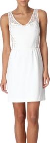 Rania Lace Dress - style: shift; length: mid thigh; neckline: v-neck; fit: tailored/fitted; sleeve style: sleeveless; bust detail: added detail/embellishment at bust; waist detail: fitted waist; shoulder detail: contrast pattern/fabric at shoulder; predominant colour: white; occasions: evening, occasion; fibres: polyester/polyamide - mix; sleeve length: sleeveless; texture group: lace; pattern type: fabric; pattern size: standard; pattern: patterned/print; embellishment: studs