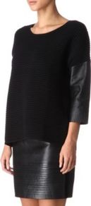 Scrupule Leather And Knit Top - neckline: round neck; sleeve style: dolman/batwing; pattern: plain; shoulder detail: contrast pattern/fabric at shoulder; predominant colour: black; occasions: casual, evening, work; length: standard; style: top; fibres: cotton - mix; fit: straight cut; sleeve length: 3/4 length; texture group: knits/crochet; pattern type: knitted - other; pattern size: standard