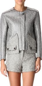 Voyage Jacket - collar: round collar/collarless; length: cropped; style: boxy; pattern: herringbone/tweed; predominant colour: silver; occasions: casual, evening; fit: straight cut (boxy); fibres: cotton - mix; sleeve length: long sleeve; sleeve style: standard; trends: metallics; collar break: high/illusion of break when open; pattern type: fabric; pattern size: standard; texture group: woven bulky/heavy