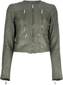 Leather Jacket - pattern: plain; style: biker; collar: round collar/collarless; length: cropped; predominant colour: sage; occasions: casual, evening, work; fit: straight cut (boxy); fibres: leather - 100%; sleeve length: long sleeve; sleeve style: standard; texture group: leather; collar break: high; pattern type: fabric