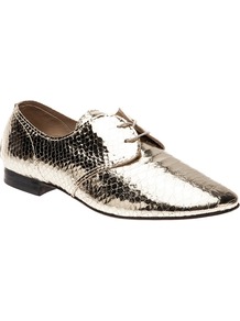 Lace Up Shoe - predominant colour: gold; occasions: casual, evening, work; material: leather; heel height: flat; toe: round toe; style: brogues; trends: metallics; finish: plain; pattern: animal print