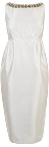 Gina Boat Neck Dress - style: shift; neckline: slash/boat neckline; fit: tailored/fitted; pattern: plain; sleeve style: sleeveless; bust detail: added detail/embellishment at bust; waist detail: fitted waist; predominant colour: ivory; occasions: evening, occasion; length: on the knee; fibres: silk - mix; shoulder detail: added shoulder detail; sleeve length: sleeveless; texture group: silky - light; trends: glamorous day shifts; pattern type: fabric; pattern size: small & light; embellishment: beading