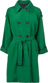 Women's Db Stitch Detail Mac, Green - pattern: plain; style: mac; fit: slim fit; length: mid thigh; predominant colour: emerald green; occasions: casual, evening, work, occasion; fibres: linen - mix; collar: shirt collar/peter pan/zip with opening; waist detail: belted waist/tie at waist/drawstring; shoulder detail: discreet epaulette; sleeve length: 3/4 length; sleeve style: standard; texture group: cotton feel fabrics; collar break: high/illusion of break when open; pattern type: fabric; pattern size: standard