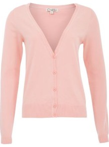 Pink Basic V Neck Cardigan - neckline: plunge; pattern: plain; predominant colour: blush; occasions: casual; length: standard; style: standard; fibres: cotton - mix; fit: standard fit; sleeve length: long sleeve; sleeve style: standard; texture group: knits/crochet; pattern type: knitted - fine stitch