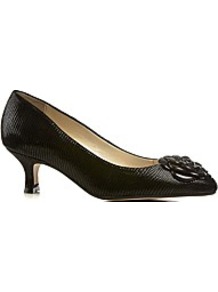 Elveden Womens Dressy Court Shoe - predominant colour: black; occasions: work; material: leather; heel height: mid; heel: kitten; toe: pointed toe; style: courts; finish: plain; pattern: plain; embellishment: corsage