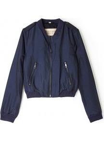 Navy Silk Bomber Jackets - pattern: plain; collar: round collar/collarless; style: bomber; predominant colour: navy; occasions: casual, work; length: standard; fit: straight cut (boxy); fibres: silk - mix; sleeve length: long sleeve; sleeve style: standard; texture group: silky - light; trends: sporty redux; collar break: high; pattern type: fabric; pattern size: standard