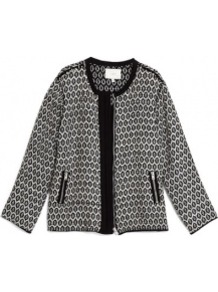 Diddley Knitted Jacket With Contrast Trim - collar: round collar/collarless; style: boxy; predominant colour: black; occasions: casual, work; length: standard; fit: straight cut (boxy); fibres: cotton - mix; sleeve length: long sleeve; sleeve style: standard; texture group: knits/crochet; collar break: high/illusion of break when open; pattern type: fabric; pattern size: small & busy; pattern: patterned/print
