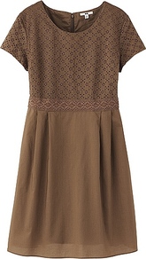 Women Lace Short Sleeve Dress 34 Brown - neckline: round neck; pattern: plain; predominant colour: chocolate brown; occasions: casual, holiday; length: just above the knee; fit: fitted at waist & bust; style: fit & flare; fibres: cotton - 100%; bust detail: contrast pattern/fabric/detail at bust; sleeve length: short sleeve; sleeve style: standard; texture group: sheer fabrics/chiffon/organza etc.; pattern type: fabric; pattern size: standard