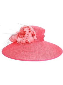 Feather Corsage Hat - predominant colour: pink; occasions: evening, occasion; type of pattern: standard; style: wide brimmed; size: large; material: sinamay; pattern: plain; embellishment: corsage
