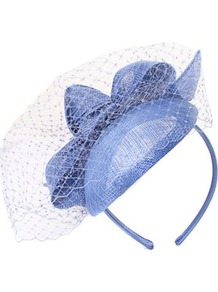 Structured Bow Pill Box Fascinator - predominant colour: denim; occasions: evening, occasion; type of pattern: light; style: fascinator; size: standard; material: macrame/raffia/straw; embellishment: bow; pattern: plain