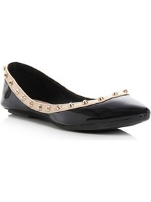 Black Synthetic Patent Melony Stud Trim Pointed Toe Ballerina - predominant colour: black; occasions: casual, evening, work; material: faux leather; heel height: flat; embellishment: studs; toe: pointed toe; style: ballerinas / pumps; finish: patent; pattern: plain