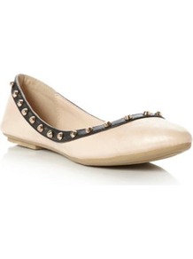 Nude Plain Synthetic Melony Stud Trim Pointed Toe Ballerina - predominant colour: nude; occasions: casual, evening, work; material: faux leather; heel height: flat; embellishment: studs; toe: pointed toe; style: ballerinas / pumps; finish: patent; pattern: plain