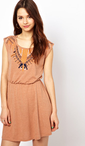 Short Embroidered Dress - style: t-shirt; length: mid thigh; neckline: round neck; sleeve style: capped; fit: fitted at waist; bust detail: added detail/embellishment at bust; waist detail: fitted waist; predominant colour: coral; occasions: casual; fibres: polyester/polyamide - mix; hip detail: soft pleats at hip/draping at hip/flared at hip; sleeve length: short sleeve; texture group: jersey - clingy; pattern type: fabric; pattern size: small & busy; pattern: patterned/print; embellishment: embroidered