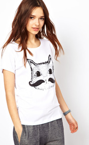 Cat Moustache Tee - neckline: round neck; style: t-shirt; predominant colour: white; occasions: casual; length: standard; fibres: cotton - 100%; fit: body skimming; sleeve length: short sleeve; sleeve style: standard; pattern type: fabric; pattern size: small & busy; pattern: patterned/print; texture group: jersey - stretchy/drapey
