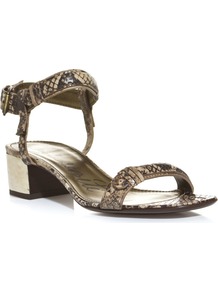 Snakeskin Print Sandals - predominant colour: charcoal; occasions: casual, work, holiday; material: leather; heel height: mid; embellishment: buckles; ankle detail: ankle strap; heel: block; toe: open toe/peeptoe; style: standard; finish: plain; pattern: animal print