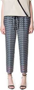 Contrasting Print Trousers - waist detail: belted waist/tie at waist/drawstring; waist: mid/regular rise; predominant colour: navy; occasions: casual, evening, work, holiday; length: ankle length; fibres: polyester/polyamide - 100%; trends: statement prints; fit: slim leg; pattern type: fabric; pattern size: small & busy; pattern: patterned/print; texture group: other - light to midweight; style: standard