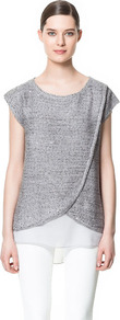 Crossover Top - neckline: round neck; sleeve style: capped; length: below the bottom; predominant colour: silver; occasions: casual, evening, work; style: top; fibres: polyester/polyamide - mix; fit: straight cut; back detail: longer hem at back than at front; sleeve length: short sleeve; texture group: knits/crochet; pattern type: fabric; pattern size: standard; pattern: patterned/print; embellishment: sequins