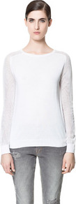 Sweater With Open Work Sleeves - neckline: round neck; pattern: plain; style: standard; shoulder detail: contrast pattern/fabric at shoulder; predominant colour: light grey; occasions: casual; length: standard; fibres: cotton - 100%; fit: standard fit; sleeve length: long sleeve; sleeve style: standard; texture group: knits/crochet; pattern type: knitted - other; pattern size: small & light