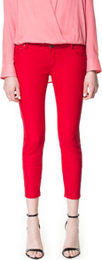 Coated Trousers - pattern: plain; pocket detail: traditional 5 pocket; waist: mid/regular rise; predominant colour: true red; occasions: casual, evening, work, holiday; length: calf length; fibres: cotton - stretch; hip detail: fitted at hip (bottoms); texture group: cotton feel fabrics; fit: skinny/tight leg; pattern type: fabric; pattern size: standard; style: standard