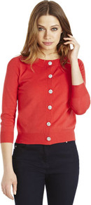 Limited Edition Diamanté Button Cardigan - neckline: round neck; pattern: plain; predominant colour: true red; occasions: casual, work; length: standard; style: standard; fibres: cotton - mix; fit: slim fit; sleeve length: 3/4 length; sleeve style: standard; texture group: knits/crochet; pattern type: knitted - fine stitch