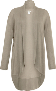 Long Open Cardigan - pattern: plain; neckline: shawl; length: below the bottom; style: open front; predominant colour: taupe; occasions: casual, work; fibres: silk - mix; fit: loose; back detail: longer hem at back than at front; sleeve length: long sleeve; sleeve style: standard; texture group: knits/crochet; pattern type: knitted - other; pattern size: standard