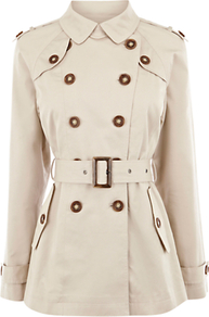 Belted Short Trench Coat - pattern: plain; length: below the bottom; style: double breasted; predominant colour: stone; occasions: casual, evening, work; fit: tailored/fitted; fibres: cotton - mix; collar: shirt collar/peter pan/zip with opening; waist detail: belted waist/tie at waist/drawstring; shoulder detail: discreet epaulette; sleeve length: long sleeve; sleeve style: standard; texture group: cotton feel fabrics; collar break: high; pattern type: fabric; pattern size: standard