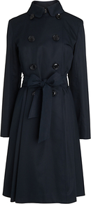 Classic Belted Trench Coat - pattern: plain; style: trench coat; length: on the knee; predominant colour: black; occasions: casual, evening, work; fit: tailored/fitted; fibres: cotton - 100%; collar: shirt collar/peter pan/zip with opening; waist detail: belted waist/tie at waist/drawstring; sleeve length: long sleeve; sleeve style: standard; texture group: cotton feel fabrics; collar break: high; pattern type: fabric; pattern size: standard