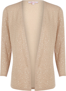 Brulee Sequin Cardigan - pattern: plain; neckline: collarless open; style: open front; predominant colour: gold; occasions: casual, evening, occasion; length: standard; fibres: cotton - mix; fit: standard fit; sleeve length: 3/4 length; sleeve style: standard; texture group: knits/crochet; pattern type: knitted - other; pattern size: standard; embellishment: sequins