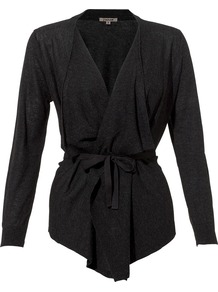Cashmere Silk Tie Cardigan - pattern: plain; style: belted; neckline: waterfall neck; predominant colour: charcoal; occasions: casual, work; length: standard; fibres: silk - mix; fit: slim fit; waist detail: belted waist/tie at waist/drawstring; sleeve length: long sleeve; sleeve style: standard; texture group: knits/crochet; pattern type: knitted - other; pattern size: standard