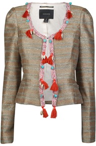 Metallic Stripe Pom Pom Jacket - pattern: horizontal stripes; style: cropped; bust detail: added detail/embellishment at bust; collar: round collar/collarless; predominant colour: champagne; occasions: casual, evening, work, occasion; length: standard; fit: tailored/fitted; fibres: polyester/polyamide - 100%; sleeve length: long sleeve; sleeve style: standard; texture group: ornate wovens; trends: metallics; collar break: medium; pattern type: fabric; pattern size: small & light; embellishment: beading