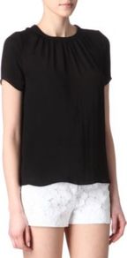 Estime Keyhole Back Top - pattern: plain; neckline: high neck; back detail: low cut/open back; bust detail: ruching/gathering/draping/layers/pintuck pleats at bust; predominant colour: black; occasions: evening, work, holiday; length: standard; style: top; fibres: polyester/polyamide - 100%; fit: straight cut; sleeve length: short sleeve; sleeve style: standard; texture group: crepes; pattern type: fabric; pattern size: standard; embellishment: beading