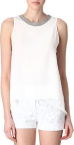 Emeraude Silk Top - pattern: plain; sleeve style: sleeveless; predominant colour: ivory; occasions: casual, evening; length: standard; style: top; fibres: silk - 100%; fit: straight cut; neckline: crew; sleeve length: sleeveless; texture group: crepes; pattern type: fabric; pattern size: standard; embellishment: beading