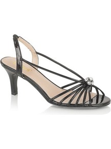 Black Patent Suzanna Mid Heel Sandals - predominant colour: black; occasions: evening, occasion; material: faux leather; heel height: mid; embellishment: crystals; heel: standard; toe: open toe/peeptoe; style: strappy; finish: patent; pattern: plain