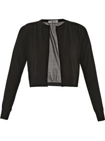 Merano Cardigan - pattern: plain; length: cropped; neckline: collarless open; back detail: contrast pattern/fabric at back; predominant colour: black; occasions: casual, evening, work; style: standard; fibres: cotton - mix; fit: standard fit; sleeve length: long sleeve; sleeve style: standard; texture group: knits/crochet; pattern type: knitted - fine stitch