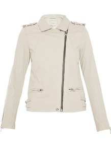 Jude Printed Denim And Leather Biker Jacket - pattern: plain; style: biker; shoulder detail: obvious epaulette; collar: asymmetric biker; fit: slim fit; predominant colour: white; occasions: casual; length: standard; fibres: leather - 100%; back detail: embellishment at back; sleeve length: long sleeve; sleeve style: standard; texture group: leather; collar break: high/illusion of break when open; pattern type: fabric; pattern size: standard