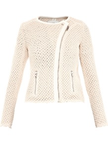 Miali Leather Trim Mesh Knit Jacket - pattern: plain; style: biker; collar: asymmetric biker; fit: slim fit; predominant colour: ivory; occasions: casual, work; length: standard; fibres: cotton - 100%; waist detail: fitted waist; sleeve length: long sleeve; sleeve style: standard; texture group: knits/crochet; collar break: high/illusion of break when open; pattern type: knitted - big stitch; pattern size: standard