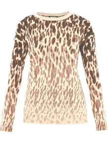 Leopard Silk Cashmere Sweater - style: standard; predominant colour: stone; occasions: casual, work; length: standard; fibres: silk - mix; fit: standard fit; neckline: crew; sleeve length: long sleeve; sleeve style: standard; texture group: knits/crochet; pattern type: fabric; pattern size: standard; pattern: animal print