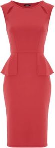 Peplum Cut Out Dress Cerise - style: shift; neckline: round neck; fit: tailored/fitted; pattern: plain; sleeve style: sleeveless; hip detail: fitted at hip; waist detail: peplum waist detail; predominant colour: true red; occasions: evening, occasion; length: on the knee; fibres: polyester/polyamide - stretch; shoulder detail: cut out shoulder; sleeve length: sleeveless; texture group: jersey - clingy; pattern type: fabric; pattern size: standard