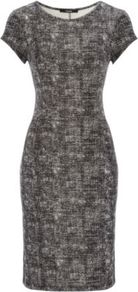 Monochrome Scuba Dress Black - style: shift; neckline: round neck; fit: tailored/fitted; predominant colour: black; occasions: casual, evening, work; length: on the knee; fibres: polyester/polyamide - stretch; sleeve length: short sleeve; sleeve style: standard; texture group: jersey - clingy; pattern type: fabric; pattern size: standard; pattern: patterned/print