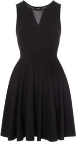 Sheer Panelled Skater Dress Black - length: mid thigh; neckline: round neck; pattern: plain; sleeve style: sleeveless; bust detail: sheer at bust; waist detail: fitted waist; predominant colour: black; occasions: evening, occasion; fit: fitted at waist & bust; style: fit & flare; fibres: polyester/polyamide - mix; hip detail: structured pleats at hip; sleeve length: sleeveless; pattern type: fabric; pattern size: standard; texture group: jersey - stretchy/drapey