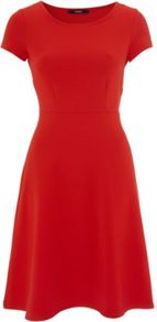 Ribbed Skater Dress Red - length: mid thigh; neckline: round neck; sleeve style: capped; pattern: plain; waist detail: fitted waist; predominant colour: true red; occasions: casual, evening, work, occasion; fit: fitted at waist & bust; style: fit & flare; fibres: polyester/polyamide - stretch; hip detail: soft pleats at hip/draping at hip/flared at hip; sleeve length: short sleeve; pattern type: fabric; pattern size: standard; texture group: jersey - stretchy/drapey