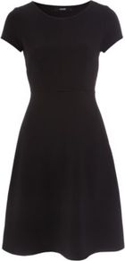 Ribbed Skater Dress Black - neckline: round neck; pattern: plain; waist detail: fitted waist; predominant colour: black; occasions: casual, evening, work; length: just above the knee; fit: fitted at waist & bust; style: fit & flare; fibres: polyester/polyamide - stretch; hip detail: soft pleats at hip/draping at hip/flared at hip; sleeve length: short sleeve; sleeve style: standard; pattern type: fabric; pattern size: standard; texture group: jersey - stretchy/drapey