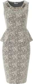 Jacquard Peplum Dress Multi - style: shift; neckline: round neck; fit: tailored/fitted; sleeve style: sleeveless; hip detail: fitted at hip; waist detail: peplum waist detail; predominant colour: light grey; occasions: evening, occasion; length: on the knee; fibres: cotton - mix; sleeve length: sleeveless; texture group: ornate wovens; pattern type: fabric; pattern size: standard; pattern: patterned/print; embellishment: beading