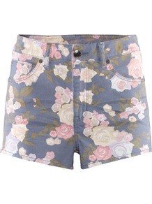 Shorts - style: shorts; pocket detail: traditional 5 pocket; length: short shorts; waist: mid/regular rise; predominant colour: denim; occasions: casual, holiday; fibres: cotton - stretch; hip detail: fitted at hip (bottoms); texture group: denim; fit: slim leg; pattern type: fabric; pattern size: standard; pattern: florals