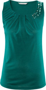Top - neckline: round neck; pattern: plain; sleeve style: sleeveless; predominant colour: dark green; occasions: casual, evening, work, occasion; length: standard; style: top; fibres: viscose/rayon - 100%; fit: body skimming; shoulder detail: added shoulder detail; sleeve length: sleeveless; bust detail: tiers/frills/bulky drapes/pleats; pattern type: fabric; pattern size: small & light; texture group: jersey - stretchy/drapey; embellishment: jewels