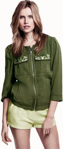 Jacket - pattern: plain; bust detail: added detail/embellishment at bust; collar: round collar/collarless; style: bomber; predominant colour: khaki; occasions: casual; length: standard; fit: straight cut (boxy); fibres: viscose/rayon - 100%; sleeve length: 3/4 length; sleeve style: standard; collar break: high; pattern type: fabric; pattern size: light/subtle; texture group: woven light midweight; embellishment: jewels