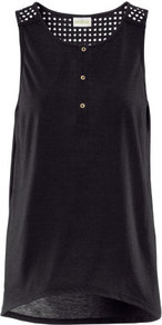 Top - neckline: round neck; pattern: plain; sleeve style: sleeveless; shoulder detail: contrast pattern/fabric at shoulder; bust detail: buttons at bust (in middle at breastbone)/zip detail at bust; predominant colour: black; occasions: casual, holiday; length: standard; style: top; fibres: polyester/polyamide - 100%; fit: loose; back detail: longer hem at back than at front; sleeve length: sleeveless; pattern type: fabric; pattern size: standard; texture group: jersey - stretchy/drapey